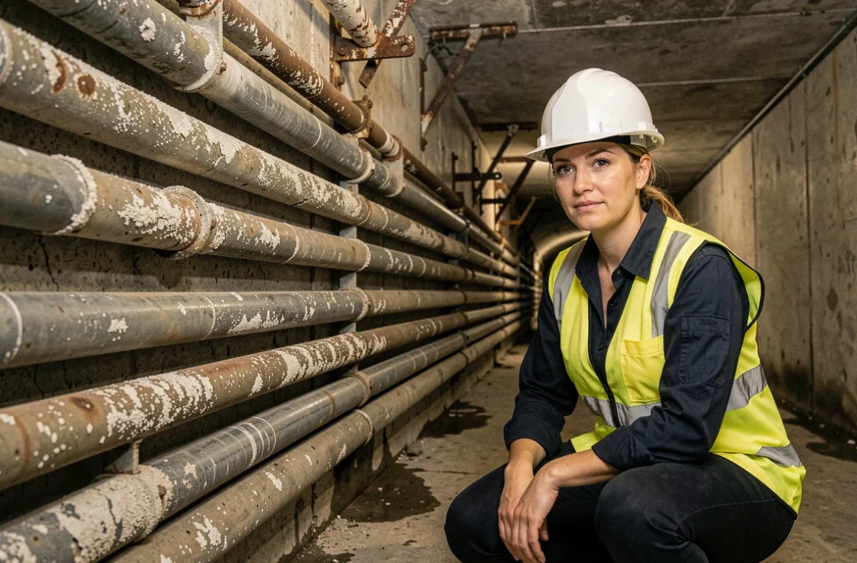 Ingénieure inspectant un réseau de canalisations en fibrociment dégradées dans un tunnel souterrain d'infrastructure urbaine