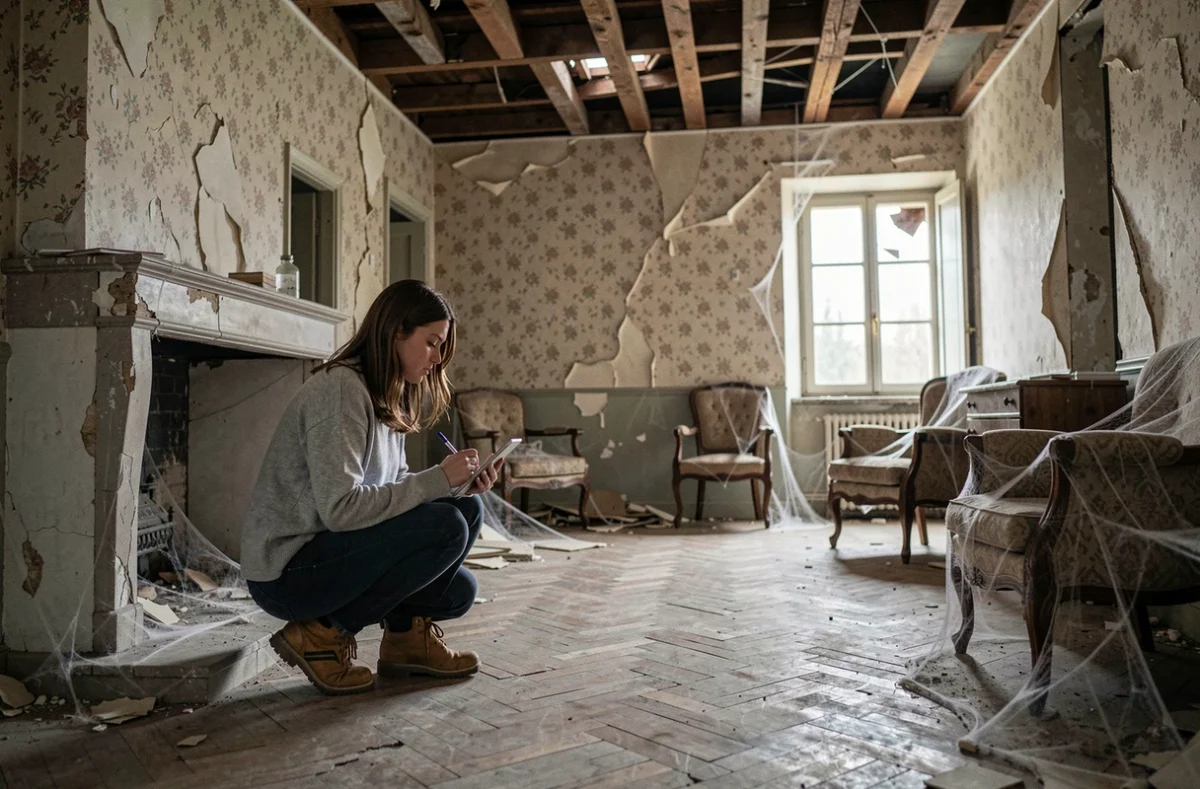 Femme inspectant l'intérieur délabré d'une maison abandonnée avec cheminée et parquet abîmé