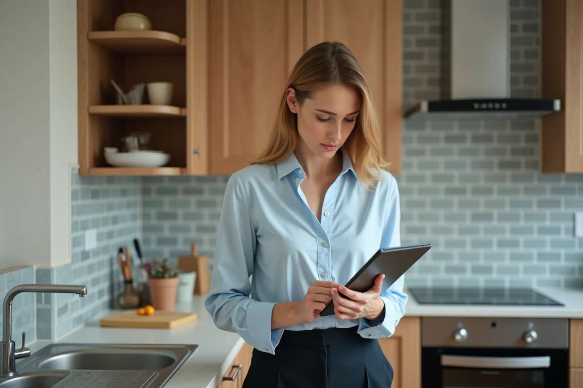Inspectrice immobiliere examine hotte de cuisine avec tablette