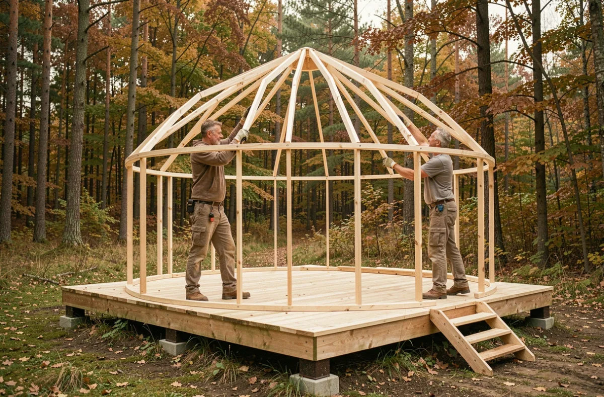 Installation d'une yourte en cours sur une plateforme en bois dans une clairière forestière à l'automne