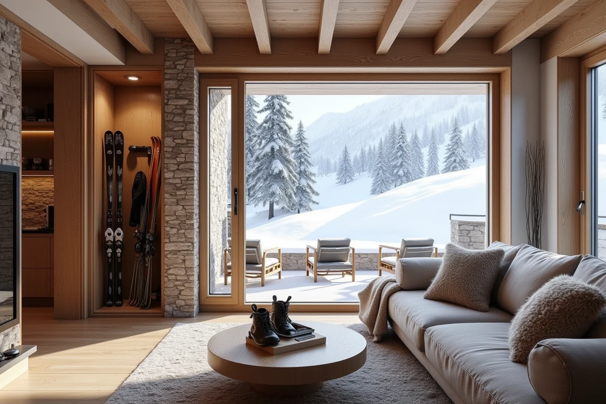 Intérieur d'un appartement de location aux Menuires avec vue directe sur les pistes de ski depuis le salon et rangement de matériel ski