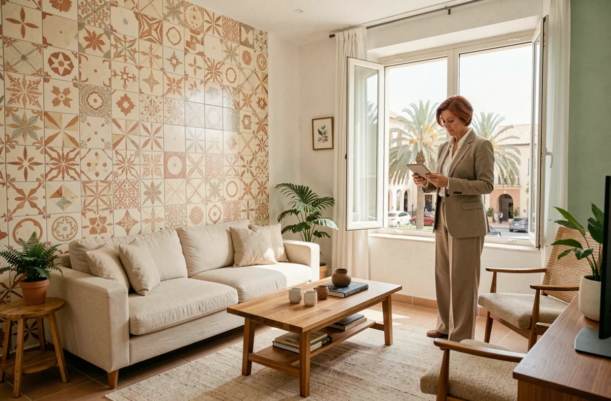 Intérieur lumineux d'un appartement à Guéliz avec décoration mêlant style marocain et scandinave, femme expatriée travaillant près de la fenêtre