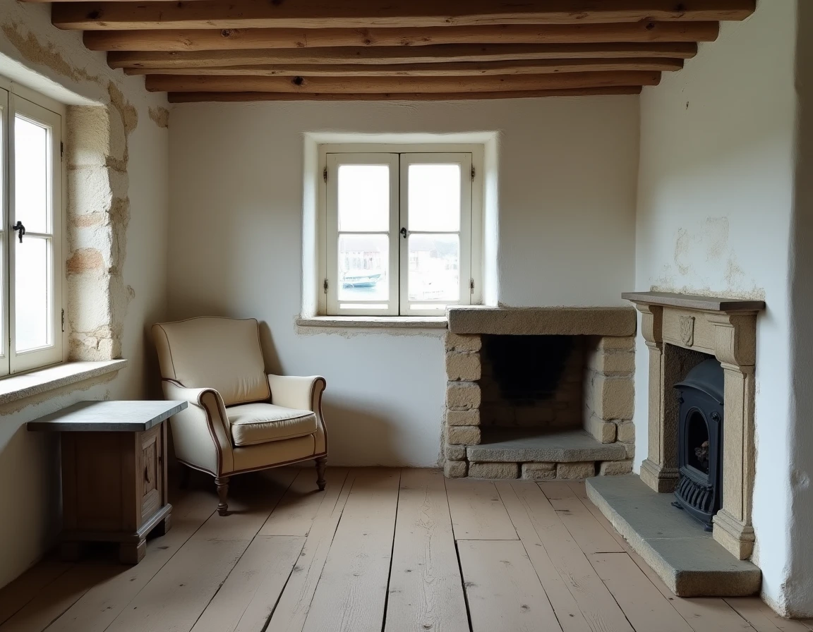 Intérieur authentique d'une maison de pêcheur bretonne avec murs en pierre et cheminée