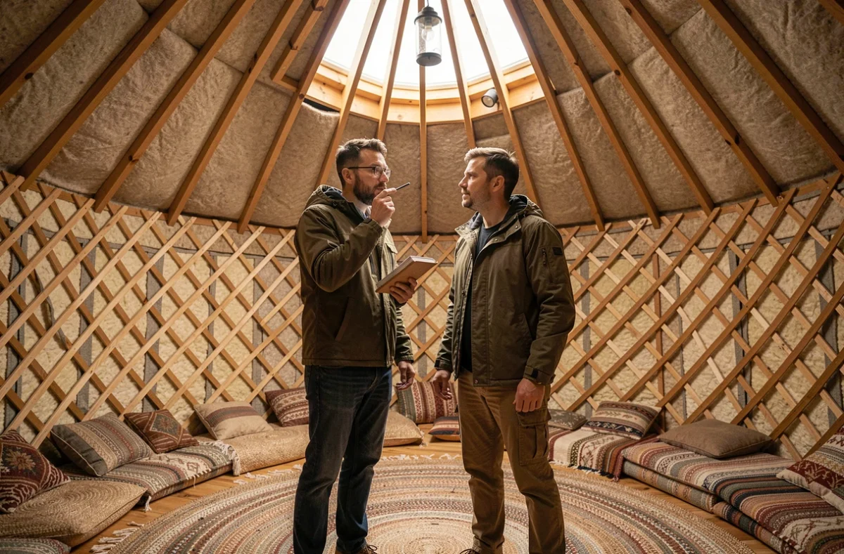 Couple inspectant l'intérieur d'une yourte avant achat, examinant la structure en bois et les détails de construction