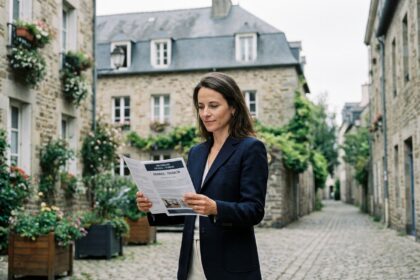 Femme analyste immobilière consultant un document dans le quartier du Thabor à Rennes, avec des immeubles en pierre bretonne en arrière-plan