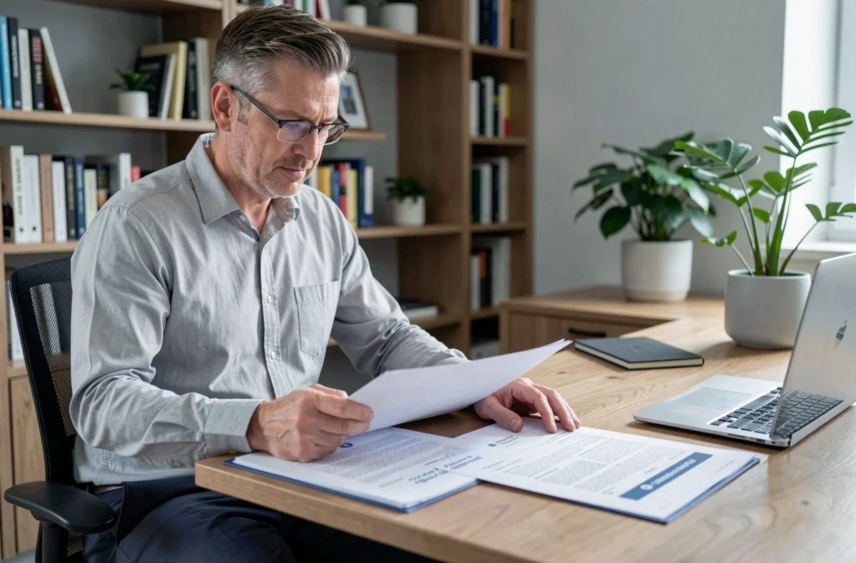 Investisseur immobilier comparant les dossiers de location classique et de location à personne handicapée sur son bureau
