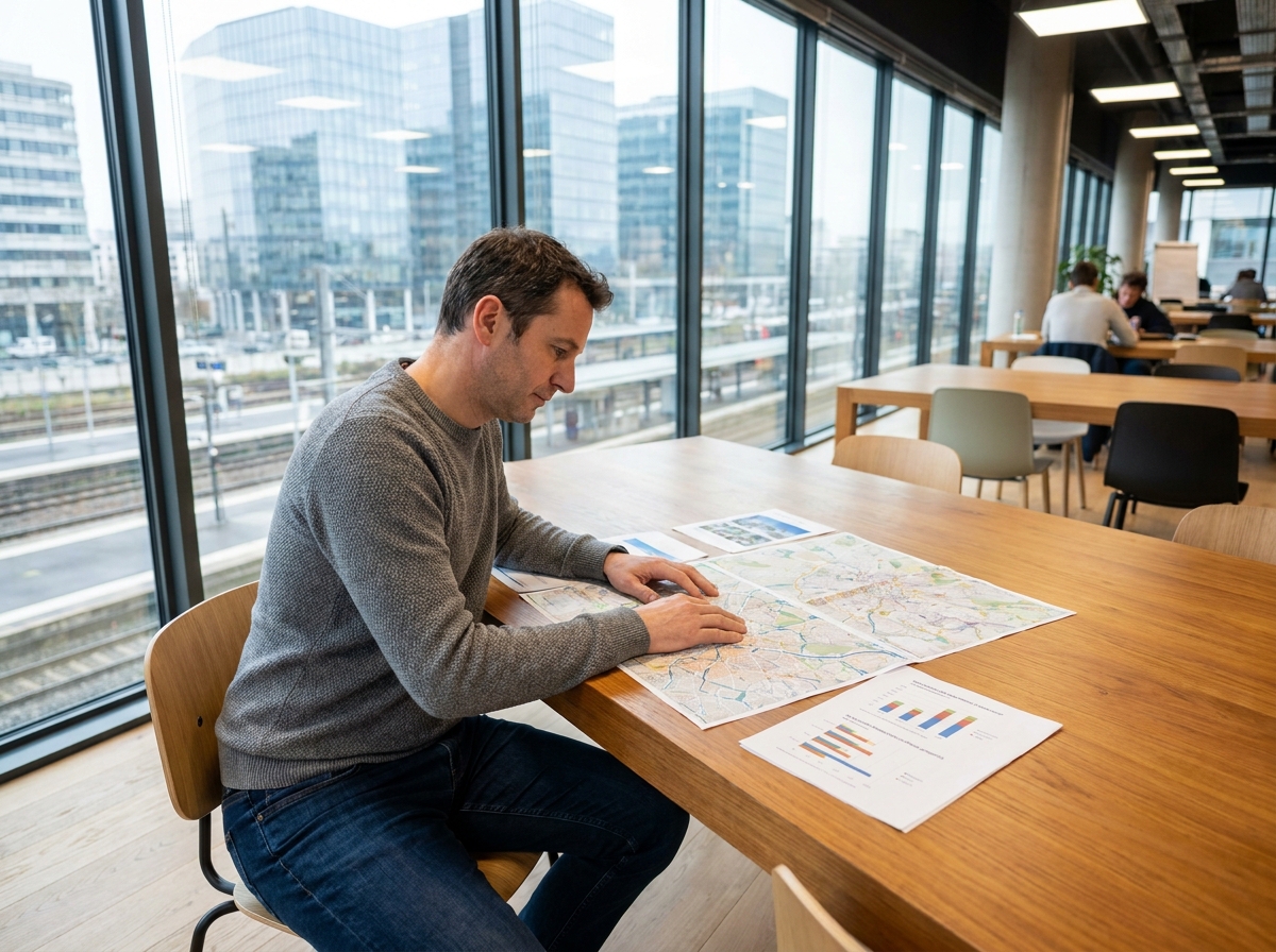Investisseur immobilier étudiant des cartes de quartiers et des rendements locatifs dans un espace de coworking moderne du quartier EuroRennes