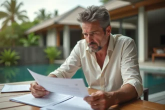Investisseur immobilier à l'île Maurice examinant des documents de propriété avec inquiétude face à un chantier inachevé en arrière-plan