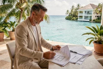Investisseur immobilier consultant des documents de propriété sur une terrasse avec vue sur le lagon de l'île Maurice