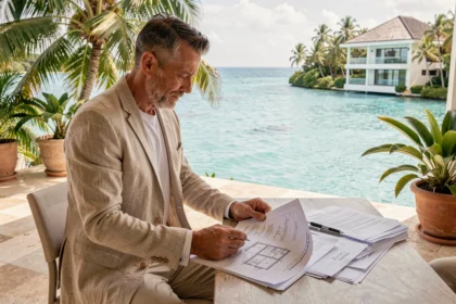 Investisseur immobilier consultant des documents de propriété sur une terrasse avec vue sur le lagon de l'île Maurice