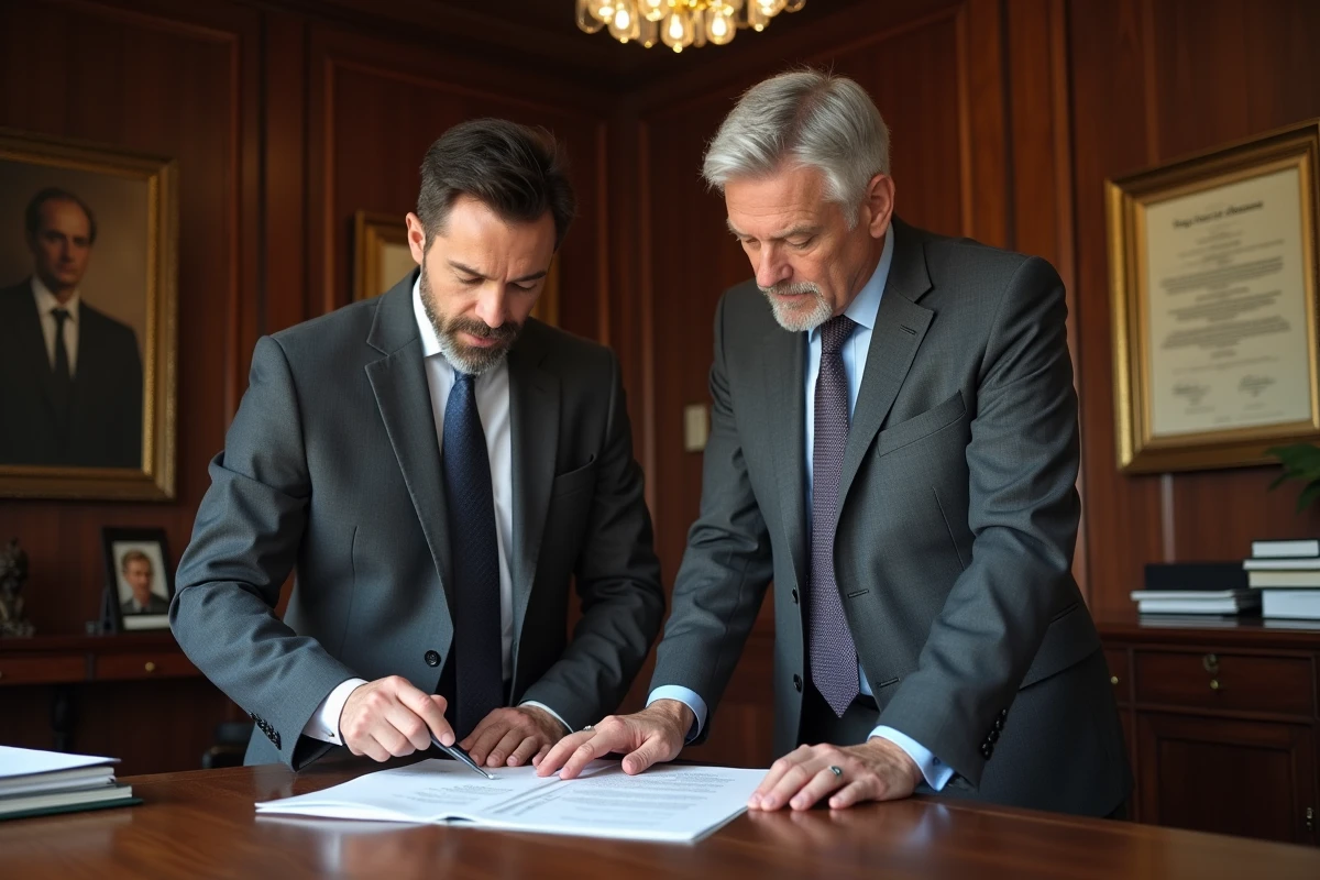 Investisseur immobilier et notaire examinant le détail des frais de notaire pour un projet marchand de biens