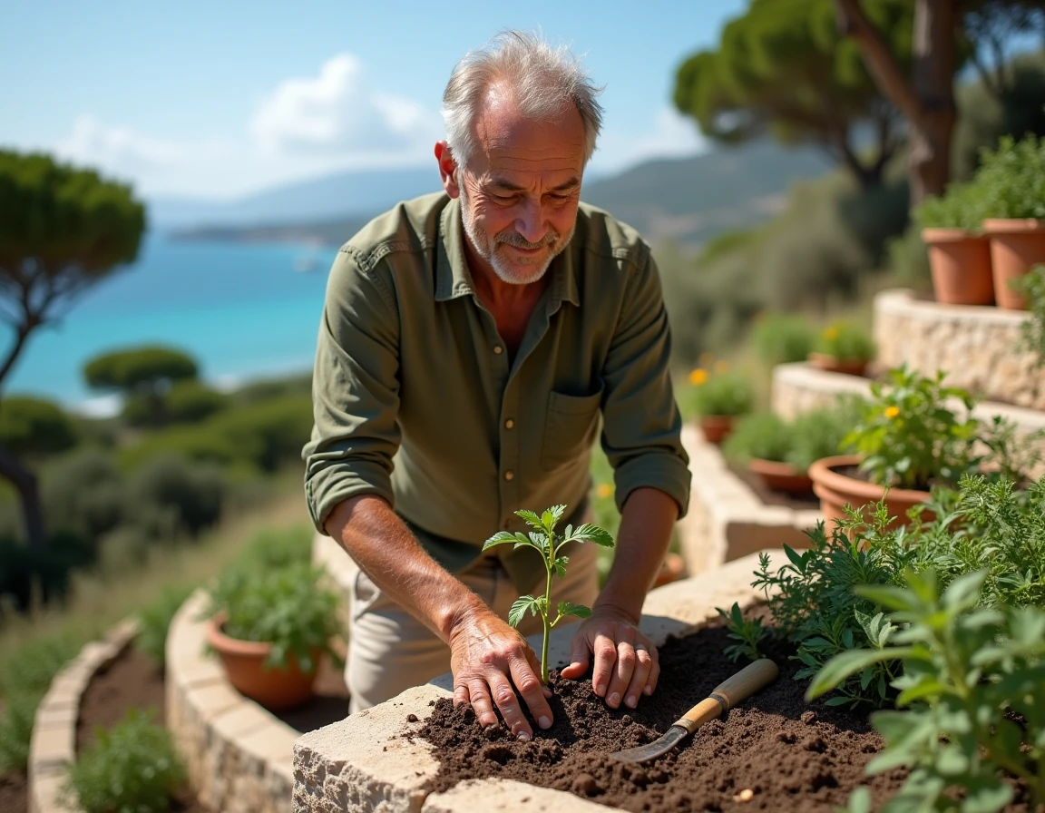 Homme de 50 ans cultivant son potager en terrasse en Corse avec vue sur une baie méditerranéenne