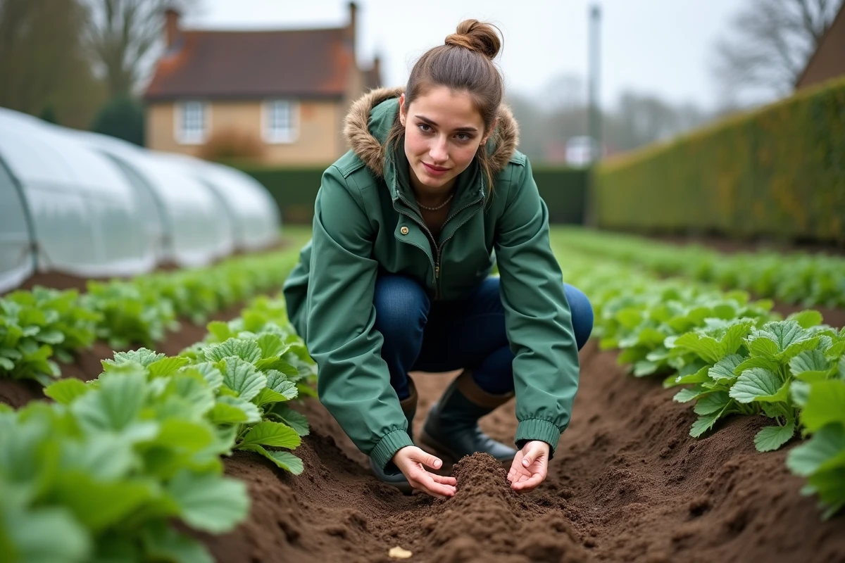 Jeune agricultrice inspectant la qualité du sol d'un terrain maraîcher loué entre particuliers en milieu rural français
