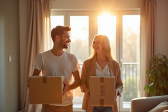 Jeune couple souriant portant des cartons dans un appartement lumineux
