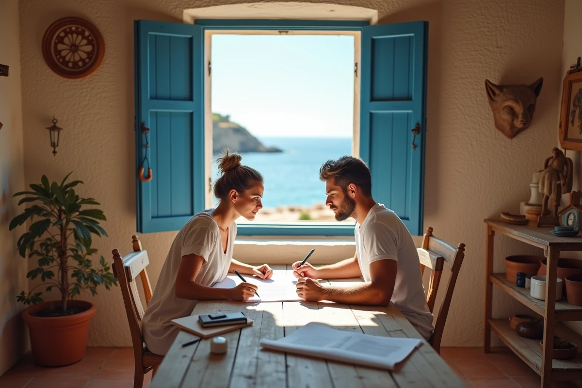 Jeune couple méditerranéen examine des documents dans une maison