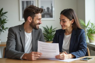 Jeune couple recevant clés et argent pour location