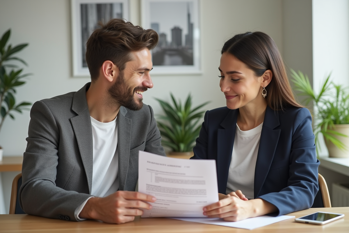 Jeune couple recevant clés et argent pour location