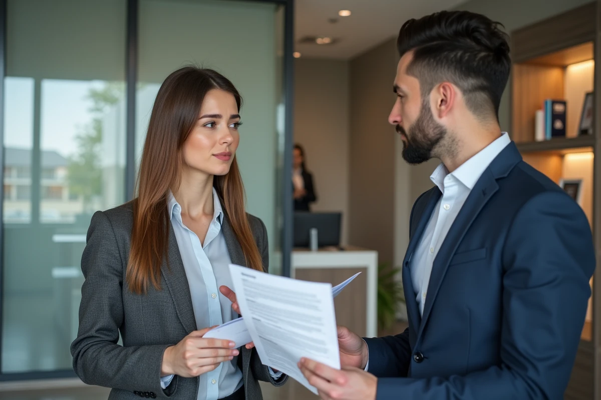 Jeune femme professionnelle discutant avec un agent immobilier en intérieur lumineux