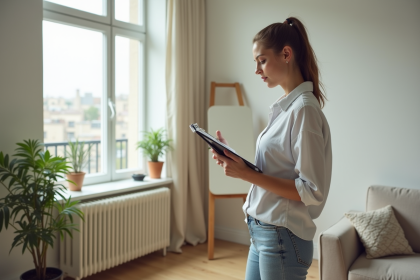 Jeune femme en tenue casual vérifiant un appartement rénové