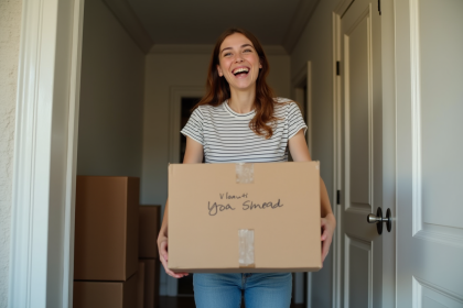 Jeune femme souriante avec boîte de déménagement dans un couloir