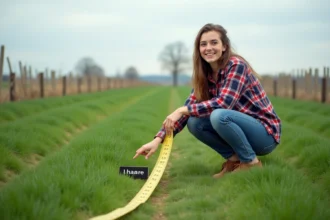 Jeune femme mesurant un hectare dans un champ vert