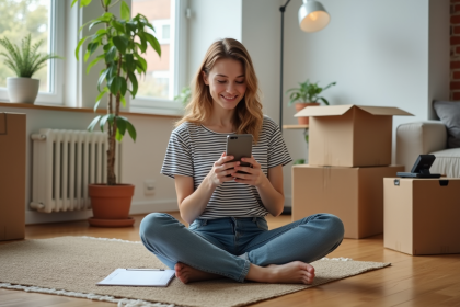 Jeune femme souriante vérifiant sa checklist dans son nouveau logement