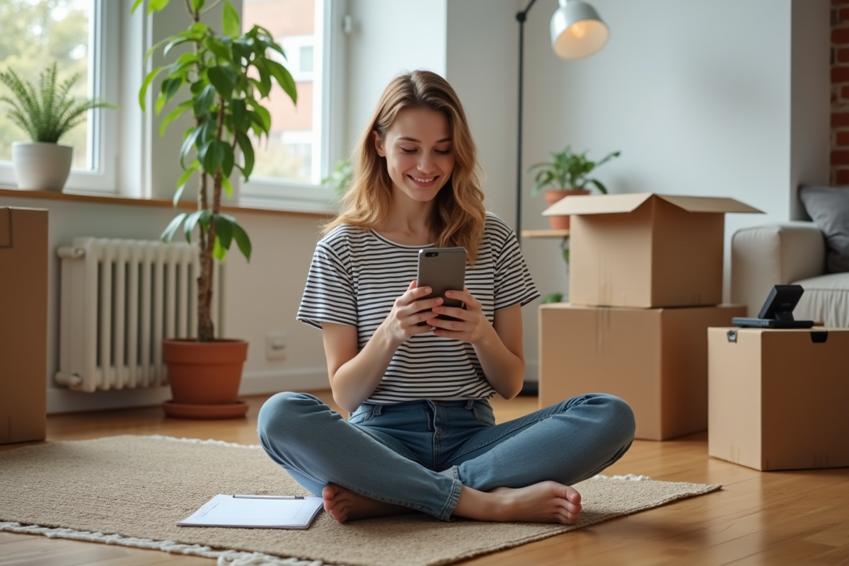 Jeune femme souriante vérifiant sa checklist dans son nouveau logement