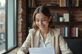 Jeune femme de moins de 30 ans consultant des documents de prêt immobilier étudiant à son bureau dans un appartement moderne