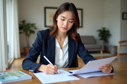 Jeune femme signant un contrat de location dans un intérieur lumineux