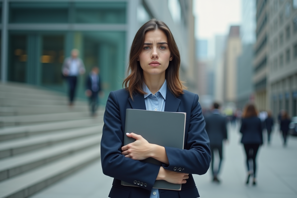 Jeune femme debout devant un bâtiment de bureau moderne