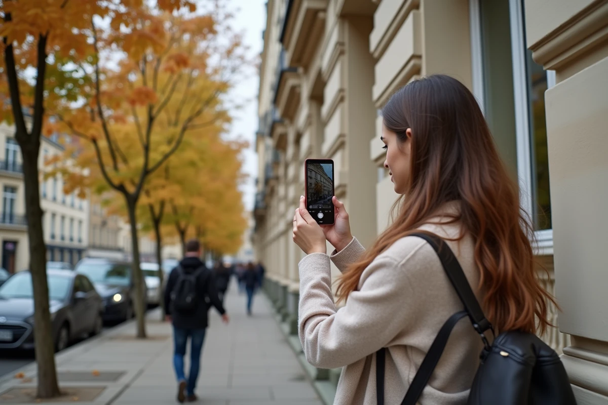 Jeune femme photographiant détails architecturaux haussmann
