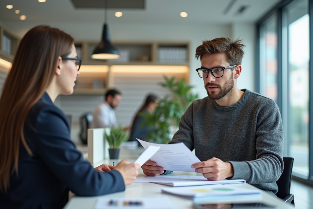 Jeune homme discutant avec conseiller bancaire