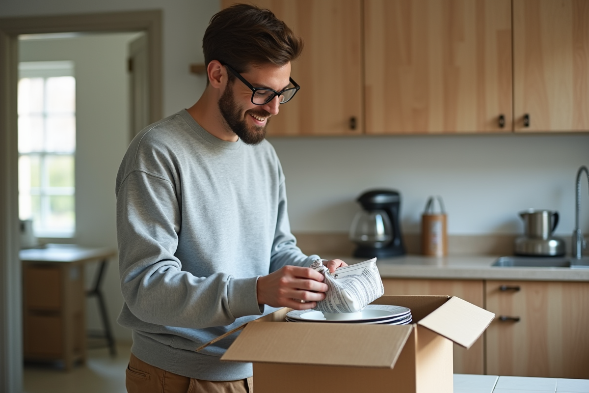 Jeune homme emballant de la vaisselle dans une cuisine