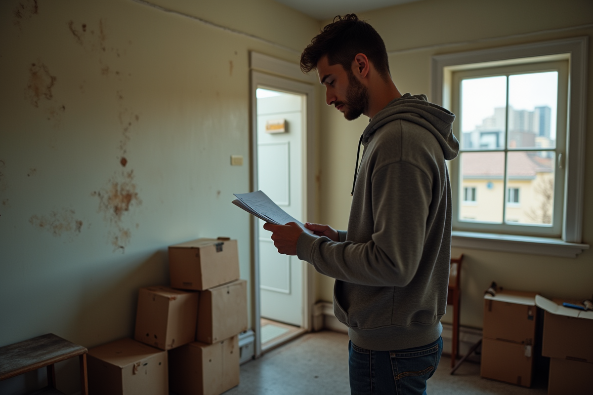 Jeune homme lisant un formulaire dans une pièce ancienne
