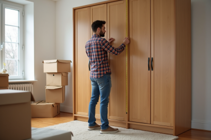 Jeune homme mesurant un grand placard en bois dans un appartement lumineux