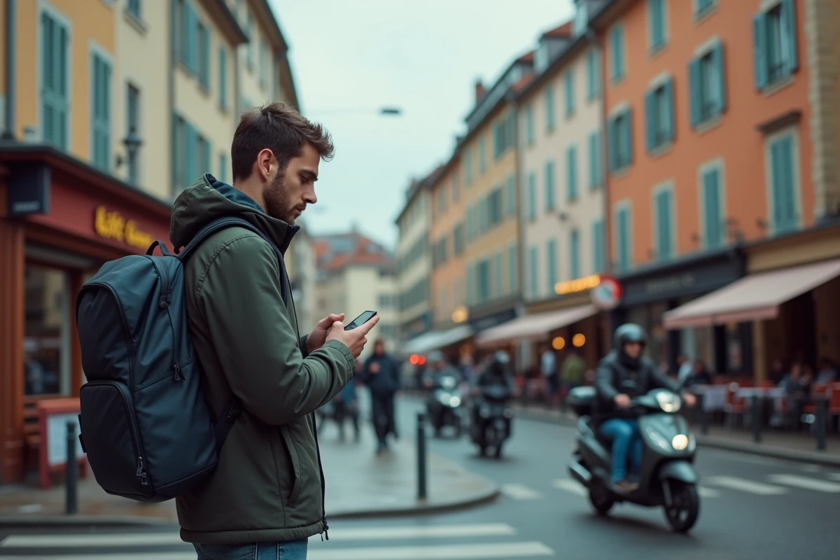 Jeune homme attend impatient au coin de rue à Chambéry