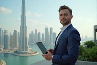 Jeune homme d'affaires avec tablette devant la skyline de Dubai