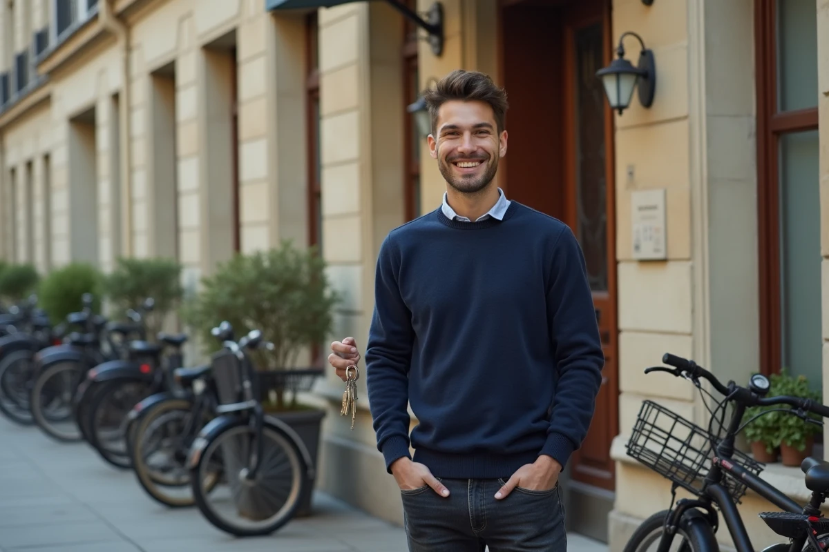 Jeune homme de moins de 30 ans devant son premier appartement acheté grâce à un prêt immobilier étudiant