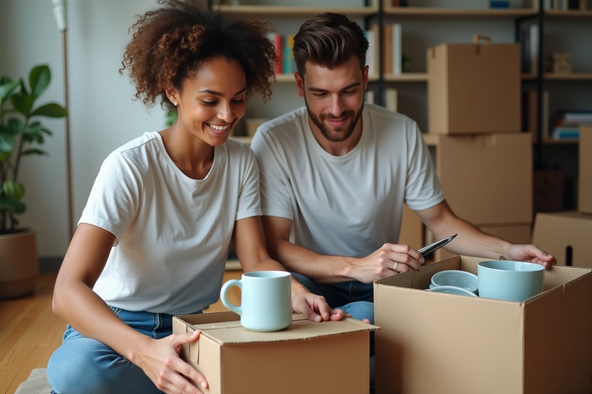Jeune couple emballant des ustensiles de cuisine dans un appartement