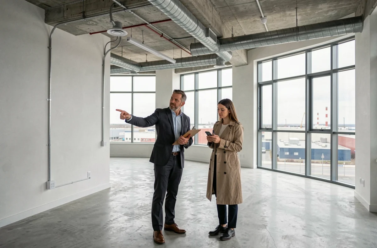 Expert transactionnel de JLL Nord effectuant une visite de bureau vide avec une cliente, examinant les caractéristiques du local dans le département du Nord