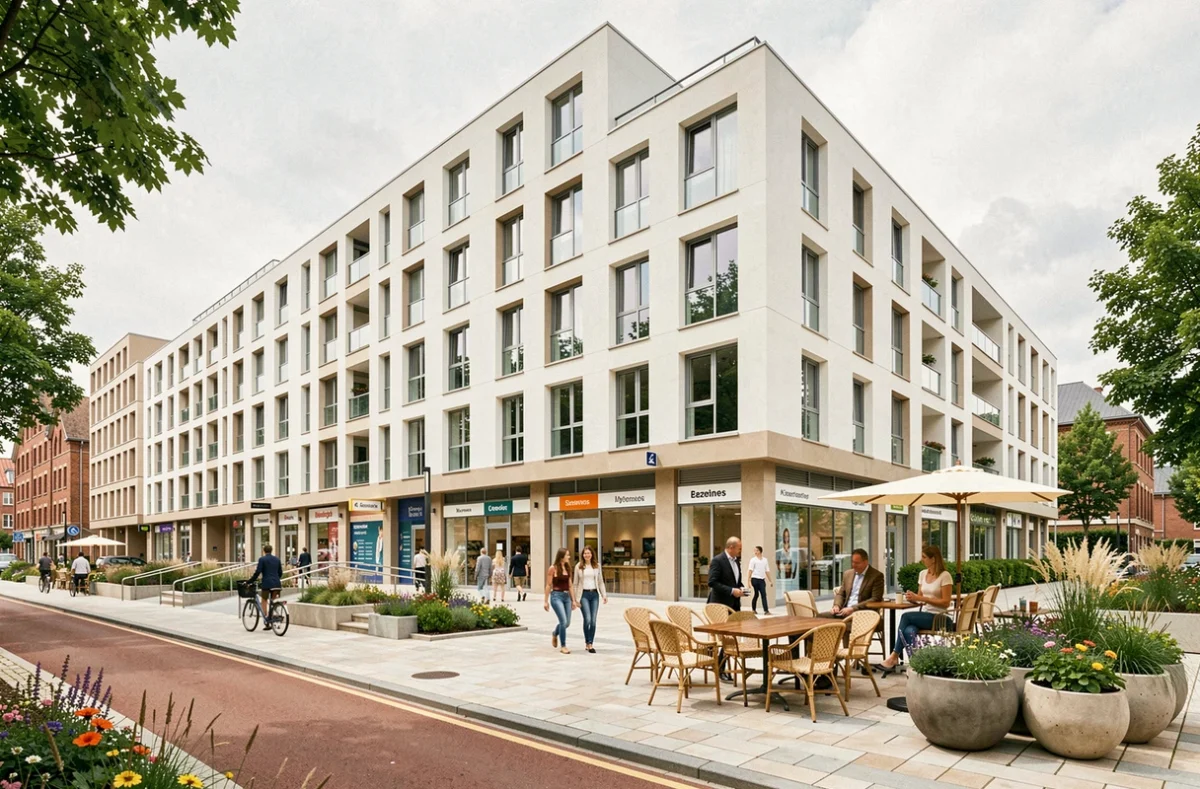 Ensemble immobilier mixte Le Licenia à Lezennes réunissant bureaux, commerces et services dans un complexe contemporain avec plaza aménagée
