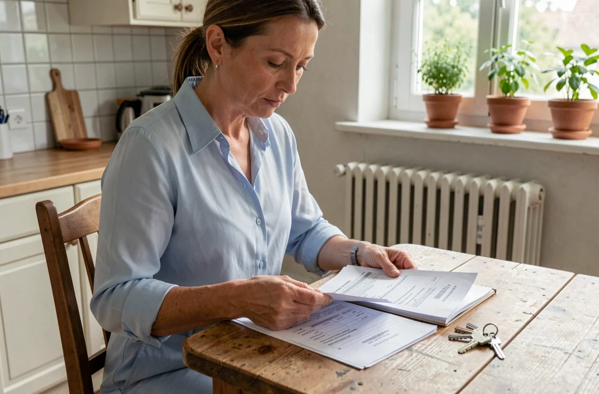 Locataire consultant un contrat de bail avec des clés de serrure posées sur la table de cuisine