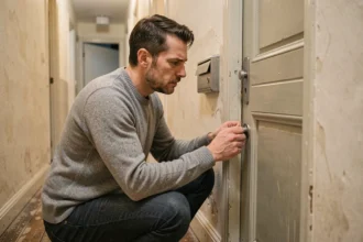 Locataire examinant la serrure de sa porte d'appartement dans le couloir d'un immeuble résidentiel