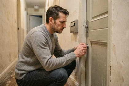 Locataire examinant la serrure de sa porte d'appartement dans le couloir d'un immeuble résidentiel