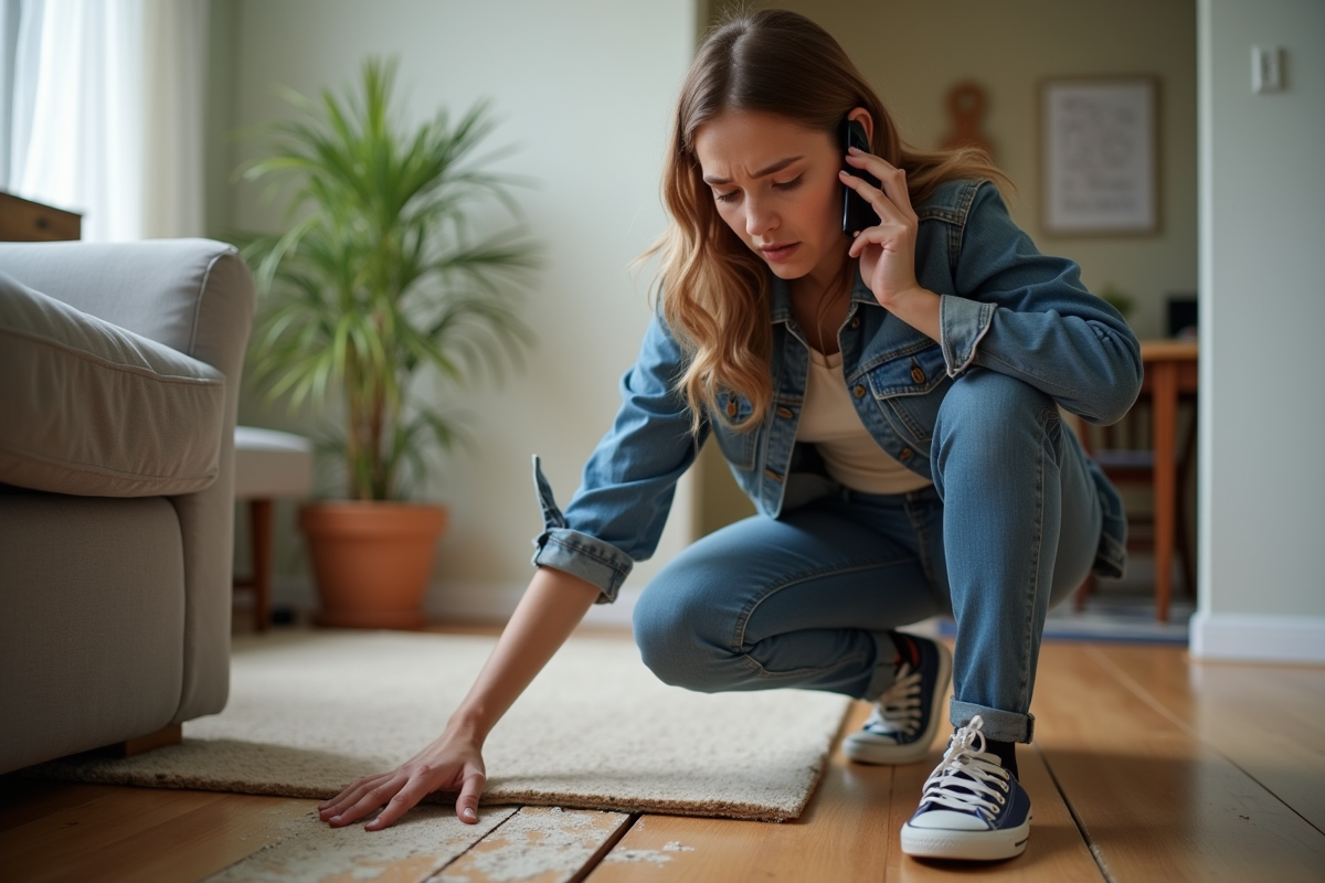 Jeune femme tenant un téléphone et montrant le sol déformé