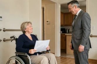 Propriétaire et locataire handicapée signant un contrat de location dans un appartement adapté PMR
