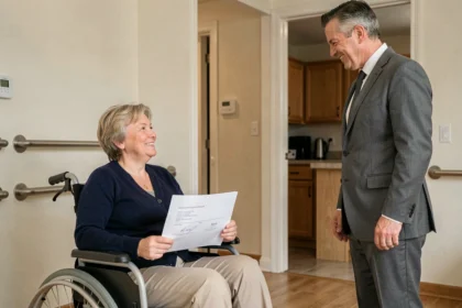 Propriétaire et locataire handicapée signant un contrat de location dans un appartement adapté PMR