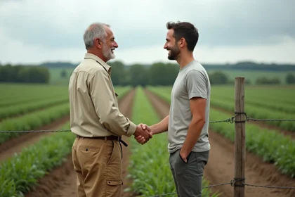 Deux hommes se serrant la main au bord d'un terrain agricole en France, symbolisant la location de terres entre particuliers