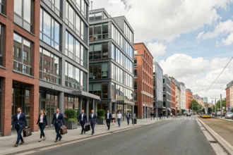 Vue large d'un quartier d'affaires moderne dans la métropole lilloise avec des immeubles de bureaux en verre et acier, des professionnels marchant sur le boulevard