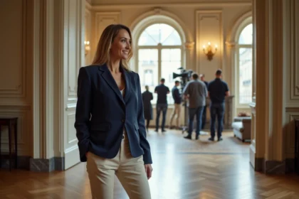 Propriétaire d'un appartement haussmannien accueillant une équipe de tournage publicitaire dans son hall d'entrée luxueux